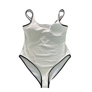 White Ribbed One Piece Swimsuit Black Trim Size XL Adjustable Strap Beach Resort